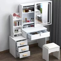 Ensemble de coiffeuse de luxe européenne à 4 tiroirs avec miroir à panneau lumineux LED, finition en chêne massif pour chambre et salle de bain féminines
