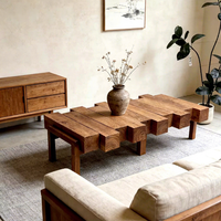 Table basse en bois massif style Wabi-sabi, table à thé en bois naturel, table de salon, style moderne du milieu du siècle, finition vieillie