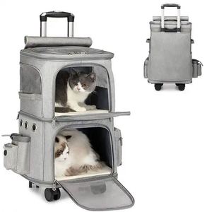 Free Sample Double Layer Cat Dog Carrying Bag Pet Trolley <b>Backpack</b> Portable Pet Rolling Carrier with <b>Wheels</b> Pets Travel Bags - Product Image 1