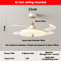 Ventilateur de plafond rétractable LED moderne de 42 pouces avec éclairage, télécommande et haut-parleur Bluetooth, style lustre décoratif