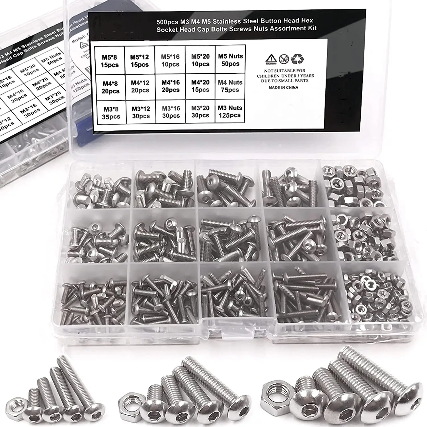 500 Pieces M3 M4 M5 Stainless Steel Buttons Nuts Bolts Screws Nails Hardware Kit