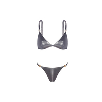 Ensemble de bikini noir pour femme, haut triangle avec accessoires dorés, bas string coupe haute, maillot de bain de luxe