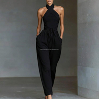 Combinaison Halter Femme Dos Nu Croisé Devant Jambes Larges Ceinture à Nouer Élégante Une Pièce Personnalisable Logo Été