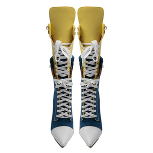 Stivaletti Sportivi da <span class=keywords><strong>Donna</strong></span> con Tacco a Spillo Sottile, Taglia Grande 47, Scarpe con Lacci, Blu e Giallo, Stivaletti in Denim Patchwork - Product Image 2