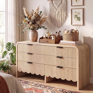 Commode à 6 tiroirs en bois rainuré de luxe, design moderne et écologique, style bohème, pour chambre à coucher ou chambre d'enfant - Product Image 1