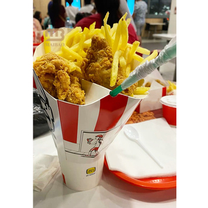 พัดกระดาษพิมพ์ลายตามสั่ง สำหรับใส่แก้วอาหารร้อนแบบใช้แล้วทิ้ง ที่ใส่เฟรนช์ฟรายส์แบบกรวยกระดาษ  ที่ใส่ปาปาสฟริตัส ขนมขบเคี้ยวและแก้วเครื่องดื่ม 2 in 1 - Product Image 1