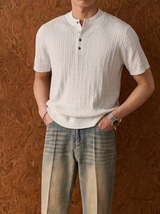 T-shirt en tricot à col <span class=keywords><strong>Henry</strong></span> style <span class=keywords><strong>Old</strong></span> Money pour homme, manches courtes, été - Product Image 4