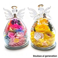 Rose éternelle sous cloche en verre, petit ange, cadeau de la Saint-Valentin, objet décoratif avec lumière, forme de dôme