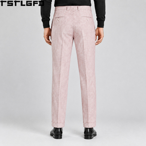 Pantalones de Traje de Lino Plisados Rosa Personalizados para Hombre, de Cintura Alta, con Doble Pliegue y Dobladillo Reforzado, Pantalones de Vestir Formales a Medida, Venta al por Mayor a Granel - Product Image 4