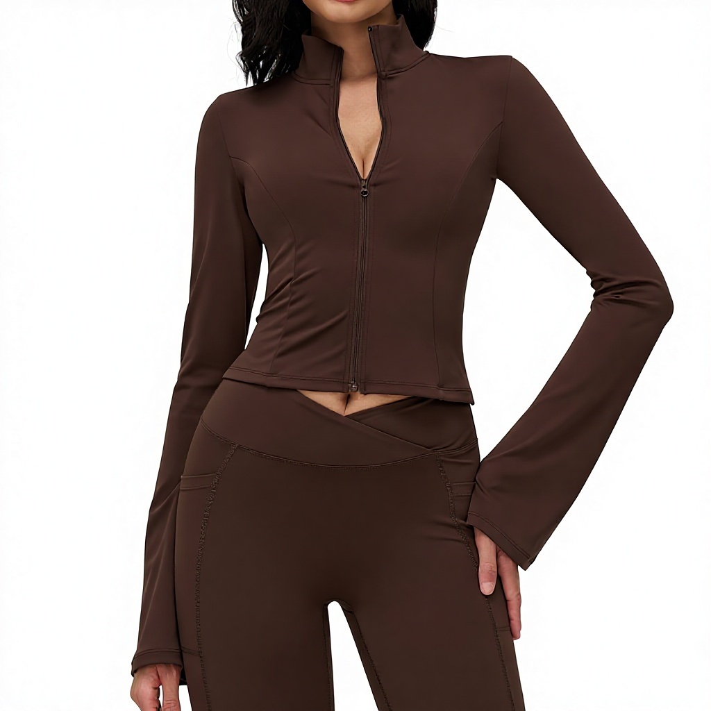 Yali Naked Yoga Jacket Vertical Collar Zipper Trumpet Sleeve Spandex/Nylon Sweat-Wicking Tight-Fitting Fashion Outdoor Top