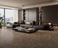Carrelage en porcelaine effet bois foncé moderne 600x1200mm, motif parquet géométrique carré, finition mate antidérapante pour chambre à coucher