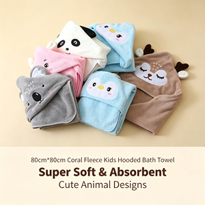 Toalla y Bata de Baño para Bebés de Coral Fleece con Diseño de Animales de Dibujos Animados para Uso en el Baño - Product Image 1