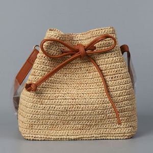 Sac seau en paille raphia pour femme, printemps-été, avec cordon de serrage réglable, sac à bandoulière pour la plage - Product Image 2