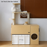 Arbre à chat avec bac à litière intégré, en bois massif, capsule spatiale, poteau en sisal, plateau coulissant, anti-éclaboussures, pour intérieur