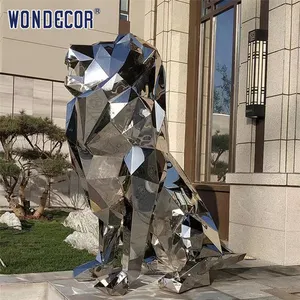 WONDECOR 현대 대형 야외 정원 거울 광택 기하학적 다각형 금속 사자 동상 스테인레스 스틸 사자 조각