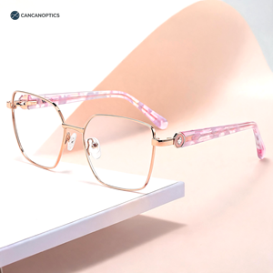 HZ6602 Monturas de Gafas Cuadradas de Metal Delgado en <span class=keywords><strong>Dos</strong></span> Tonos para Mujer, Decoración de Diamantes de Imitación, Patas Hexagonales de Acetato - Product Image 1