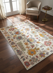 Alfombra Oushak de Diseño Floral Tradicional, Tejida a Mano, de Lana Multicolor sobre Fondo Beige, Lavable, Reversible y Acolchada - Product Image 2