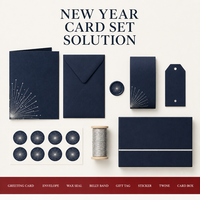 Carte de vœux personnalisée 2027 en papier spécial bleu profond avec motifs géométriques argentés et feux d'artifice, avec enveloppe et impression de logo OEM