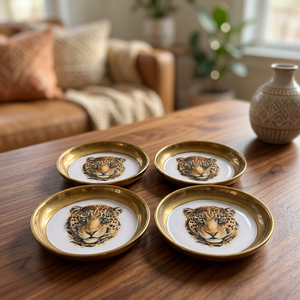 Handcrafted Golden Brass Leopard Design Coaster with White Printed Center for Luxury Home Decor and Dining Table - Product Image 3