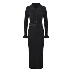 2025 autunno inverno elegante abito lungo Slim Fit stile francese Design couverture colletto lacci con lacci con orlo in viscosa di lunghezza <span class=keywords><strong>Midi</strong></span> - Product Image 1