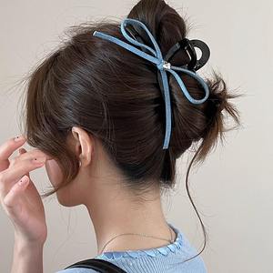 Pinza para el pelo de tela vaquera con lazo de 13 cm para mujer, accesorio de verano, pinza de tiburón, accesorio elegante para peinados. - Product Image 3