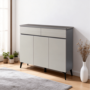 Zapatero Moderno <span class=keywords><strong>de</strong></span> Madera con Cubierta <span class=keywords><strong>de</strong></span> Azulejos <span class=keywords><strong>de</strong></span> Cerámica, Tablero <span class=keywords><strong>de</strong></span> MDF <span class=keywords><strong>de</strong></span> 15 mm, Patas <span class=keywords><strong>de</strong></span> Metal, Color Gris Claro, Bloque <span class=keywords><strong>de</strong></span> Color, 2 Cajones, 3 Puertas <span class=keywords><strong>de</strong></span> Armario - Product Image 3