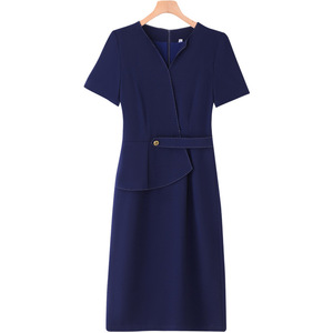Women's Professional Summer Short Sleeve Dress V Neck Peplum Silhouette Solid Color Career Dress For Office Work - Product Image 5