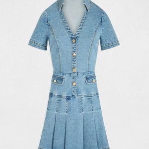 เดรสยีนส์ผู้หญิงแขนสั้นทรงลำลองสำหรับฤดูร้อน รุ่นใหม่ล่าสุด คอวี แต่งระบาย จับจีบ กระโปรงพลีท ติดกระดุมครึ่งตัว - Product Image 5