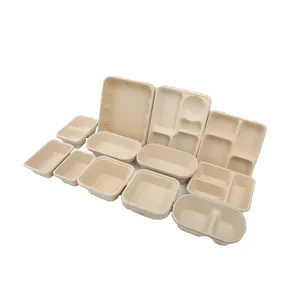 Vajilla de fibra de bambú Caja de comida rápida Caja de comida para llevar para restaurante Caja de pastel de Luna Máquinas de aperitivos Suministro de fábrica Desechable Marrón