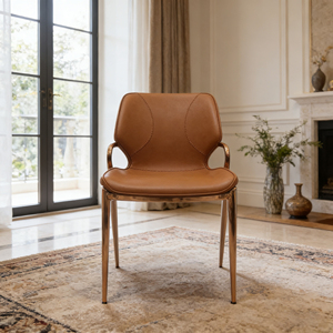 Silla de Comedor Moderna de Lujo en Cuero Marrón con Estructura Metálica Dorada, Silla de Comedor Ergonómica Tapizada para Cocina, Sala de Estar, Hotel - Product Image 3