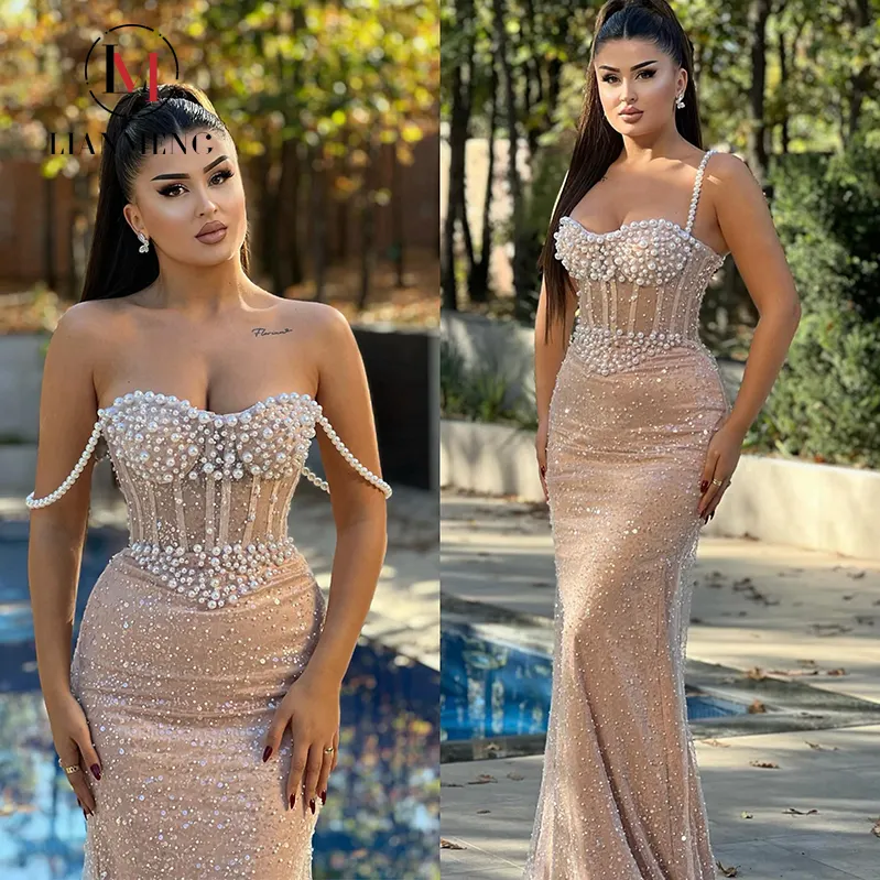 Lianmeng A282 2024 Evening Dresses Đối Với Phụ Nữ Dài Tulle Đảng Dresses Ren Ngọc Trai Không Tay Trang Phục Chính Thức Đính Cườm Bóng Áo Buổi Tối Đi