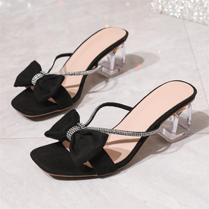 Sandales d'été pour femmes, style européen et américain, à bout ouvert, avec nœud noir, talon haut rehaussant, antidérapantes et respirantes - Product Image 4