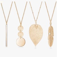 4-teiliges Damen-Sport-Schmuckset: Vergoldete Anhänger-Halsketten mit Bambus-Kette, Legierung, Feder, Kreis, Blatt, Schloss, Quaste und Y-Pflanzen-Design