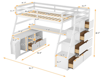 Hochbett mit Schreibtisch und Treppe, Holz-Hochbetten mit Schrank und 7 Schubladen und 2 Regalen, Hohes Hochbettgestell mit Stufe für Kinder