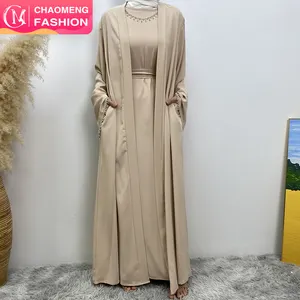 2006 + 6595 # cao cấp nida rắn màu hai mảnh đặt khiêm tốn kaftan EID ramadan kim cương Dubai abayas với váy không tay