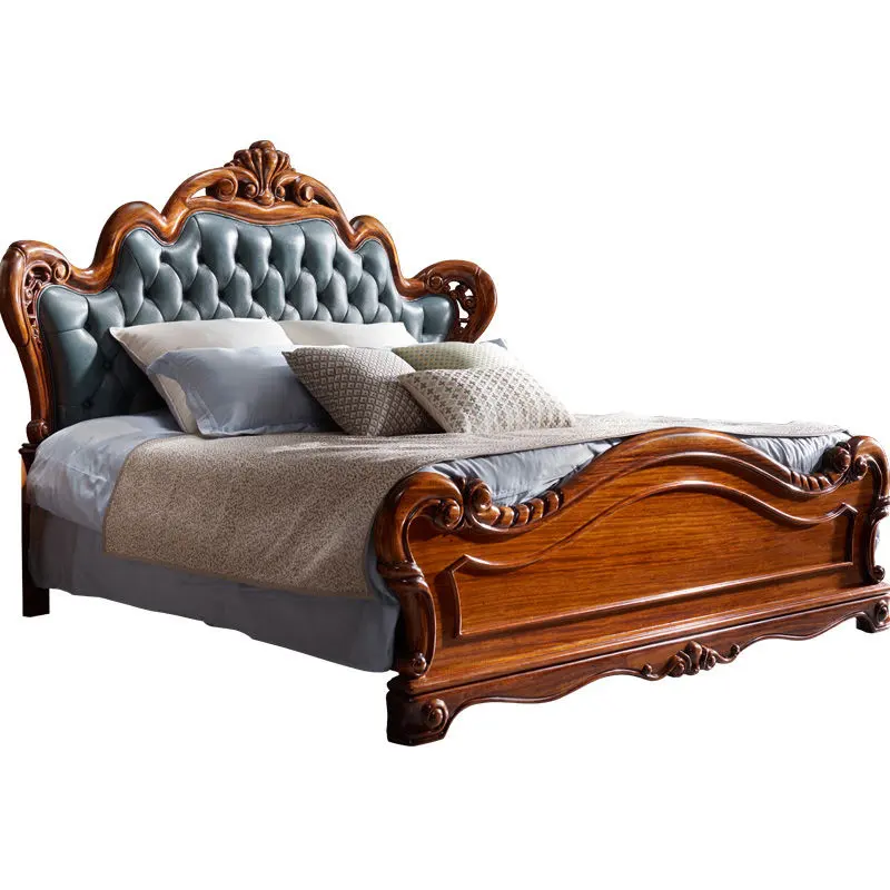 Meubles de lit en bois d'ébène de style européen de luxe lit en cuir véritable en bois massif King Size