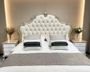 Premium Queen Size Silver Finish <b>Bed</b> With Cream Diamond Tufted Ornate Carved Nailhead Headboard For Luxury Bedroom - Product Image 4