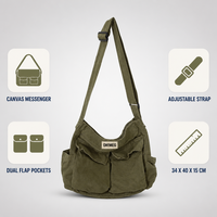 Sac messager en toile pour hommes et femmes, grande capacité, poche à rabat, sac à bandoulière, sangle réglable, fermeture éclair, sac de messagerie