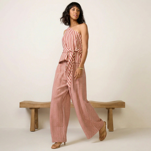 Mono rosa a rayas para mujer, sin mangas, de un solo hombro, de pierna ancha, informal, para verano - Product Image 5