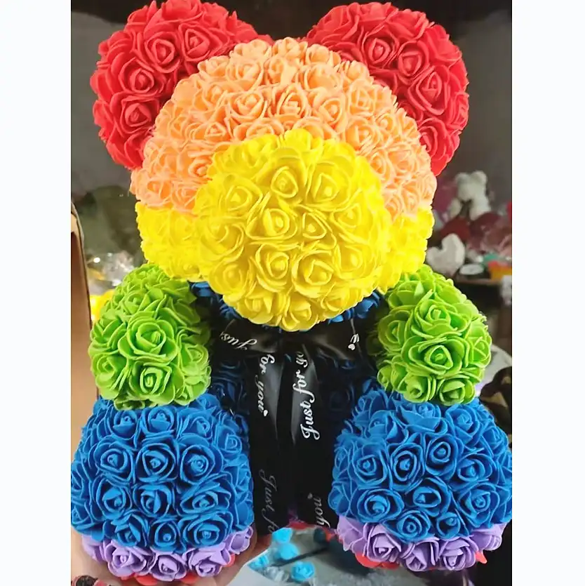 Customized rainbow rose bears top quality flower teddy bear mix color wholesale price pe foam rose animals gift