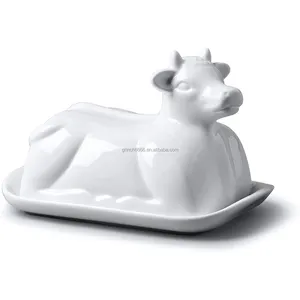 Piatto di burro in ceramica con coperchio in porcellana tradizionale color bianco 19cm mucca con coperchio