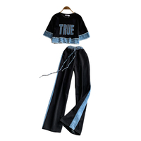 Ensemble 2 pièces pour femme, haut à manches courtes en denim patchwork et pantalon large à taille haute, pour le printemps et l'été