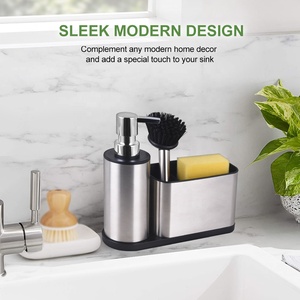 Distributeur de savon multifonctionnel en acier inoxydable pour cuisine et support d'éponge sur pied, outils avec design peu encombrant - Product Image 2