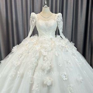 Lscm96 Elegant Ivory Princess Bridal Gown Illusion Long Sleeve Lace Corset <b>Wedding</b> Dress 3D Flower Applique Jancember - Product Image 3