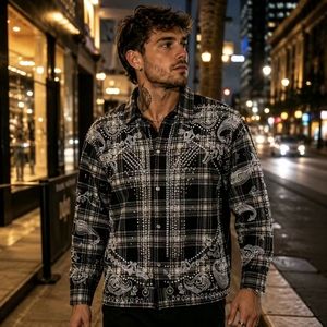 Camisa de Franela Extra Grande de 300G con Logotipo Personalizado Premium, con Estampado de Bandana Vintage, Estilo Urbano, Atuendo Urbano - Product Image 1