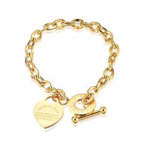 Pulsera chapada en oro <span class=keywords><strong>de</strong></span> acero inoxidable, colgante <span class=keywords><strong>de</strong></span> <span class=keywords><strong>amor</strong></span>, cadena <span class=keywords><strong>de</strong></span> eslabones, pulsera con cierre OT, pulsera con abalorio <span class=keywords><strong>de</strong></span> corazón <span class=keywords><strong>para</strong></span> mujeres y niñas adolescentes - Product Image 4