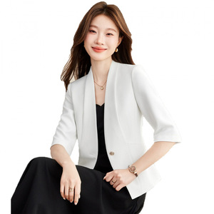 Women's Blazer Three Quarter Sleeve Slim Fit Light Yellow Solid Color Korean Style Commute Interview Wear Worsted Fabric - Product Image 5