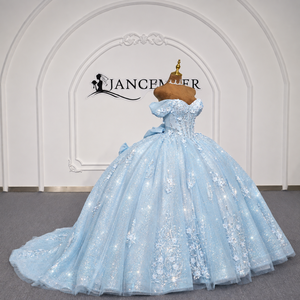 Lsdz023-Pz Precioso Vestido de Quinceañera Azul Cielo Vintage con Mangas Mariposa y Brillo de Gasa para Fiesta - Product Image 2