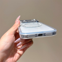 Coque de téléphone magnétique simple et scintillante avec anneau pour iPhone 18 17 Pro Max 16 15 14 13, avec cadre d'appareil photo en strass et protection transparente