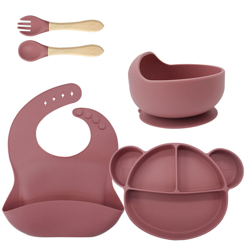 Dark pink [bib+plate+bowl+spork with wooden handle]